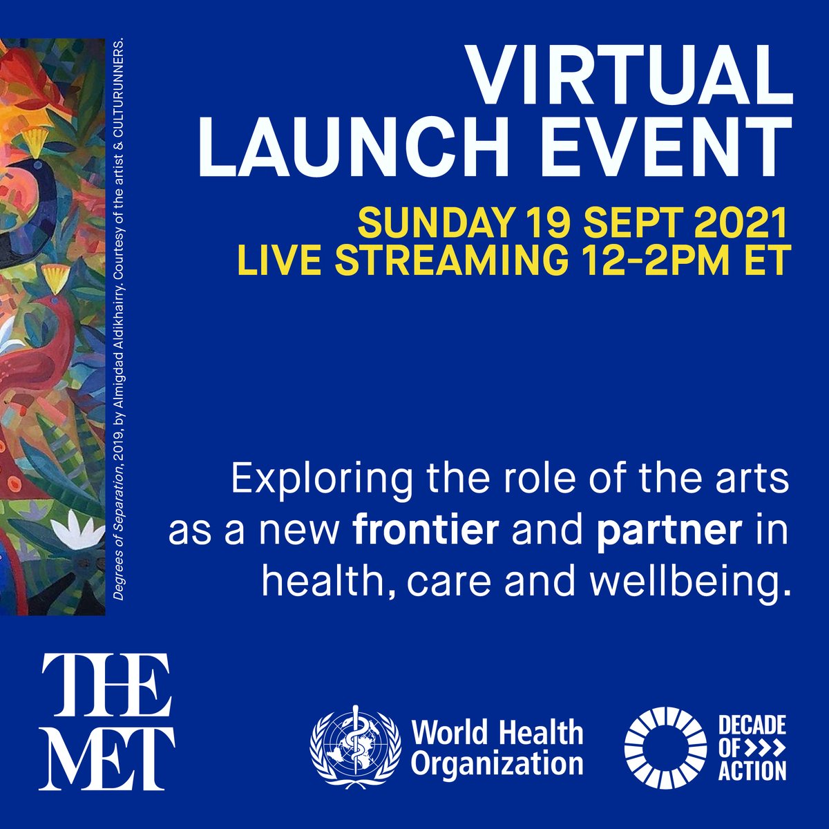 This SUNDAY: Join leading artists, policymakers, and academics for an exciting event exploring the #arts as a new frontier in health, care, and wellbeing. @WHO @metmuseum @CULTURUNNERS @nyusteinhardt @AspenInstitute @GlobalGoalsUN @UN Register: ow.ly/R0GI50G6DW5