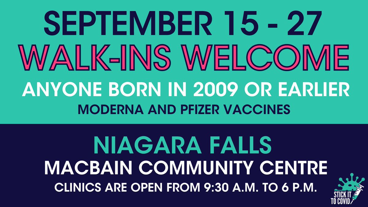 NRPublicHealth's tweet photo. Walk-ins are welcome TODAY at our vaccine clinic at the MacBain Community Centre in @NiagaraFalls until 6 p.m.

✅ 1ST and 2ND doses
✅ Anyone born in 2009 or earlier
✅ Moderna and Pfizer vaccines are available
✅ No health card needed

Clinic schedule: https://t.co/7PlMj53a3U https://t.co/lRzjbbeNw0