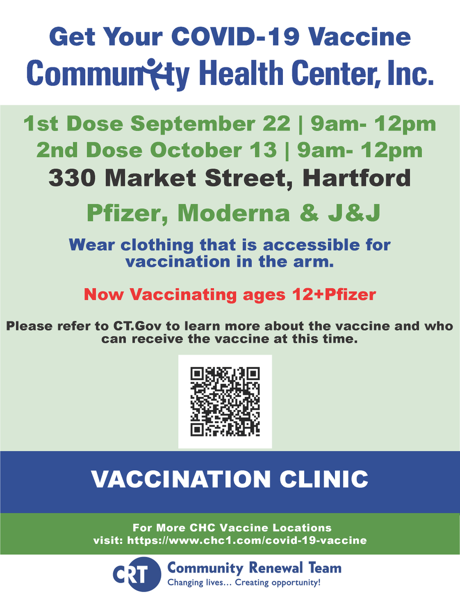 CHCConnecticut's tweet photo. Don't miss this vaccine opportunity in #Hartford! Get your Pfizer, Moderna or J&amp;J COVID-19 vaccine at 330 Market Street next Wednesday, 9/22 between 9AM and 12PM. More info below. @CRTCT https://t.co/bpj6d1zlX5