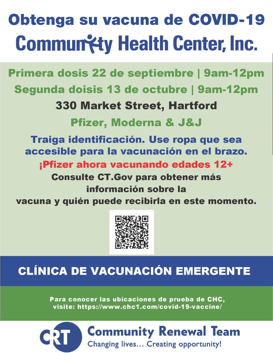 CHCConnecticut's tweet photo. Don't miss this vaccine opportunity in #Hartford! Get your Pfizer, Moderna or J&amp;J COVID-19 vaccine at 330 Market Street next Wednesday, 9/22 between 9AM and 12PM. More info below. @CRTCT https://t.co/bpj6d1zlX5
