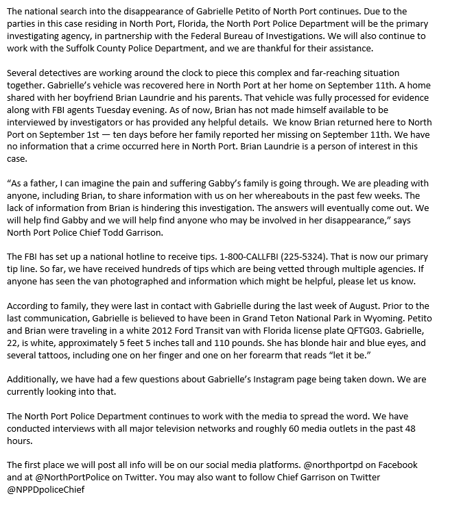 NorthPortPolice's tweet image. Latest on Petito case Wednesday September 15, 11:30am. Please use 1-800 CALLFBI