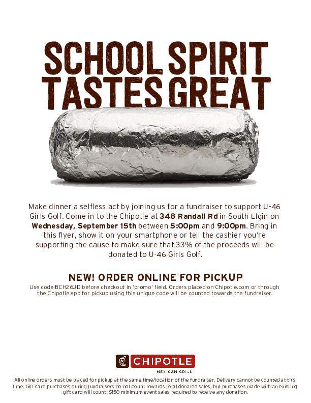 u46girlsgolf's tweet photo. Today’s the day! Spread the word! 

No-Cook Night at Chipotle in South Elgin, 9/15 from 5-9pm.

Thanks for your support 😋

@sehssports @sToRm_NaTiOn1 @SEHSBoosters @SabresAD @LarkinRoyals1 @BartlettHawksAD 

https://t.co/VYxjvSo79Q https://t.co/Dd7wGfBeSY
