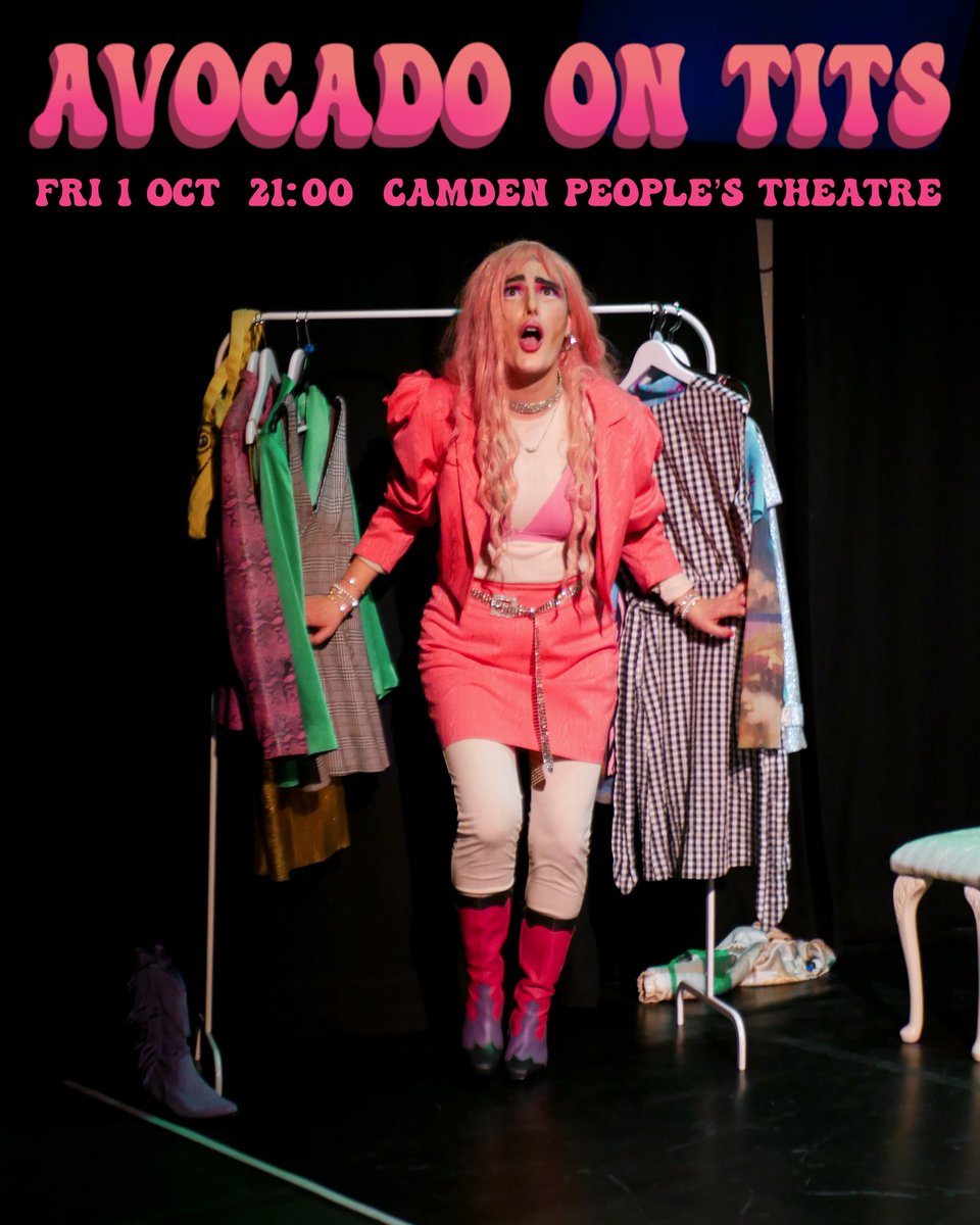 With two successful shows at Fringe Futures Festival 2021, @GTTheatre1 drag show, Avocado on Tits is back at <a href="/CamdenPT/">Camden People's Theatre</a> on Fri 1 Oct🥑 

Follow social media influencer and trendsetter Slag of the Dump as she uncovers the truth about fast fashion. bit.ly/3kd2ifH