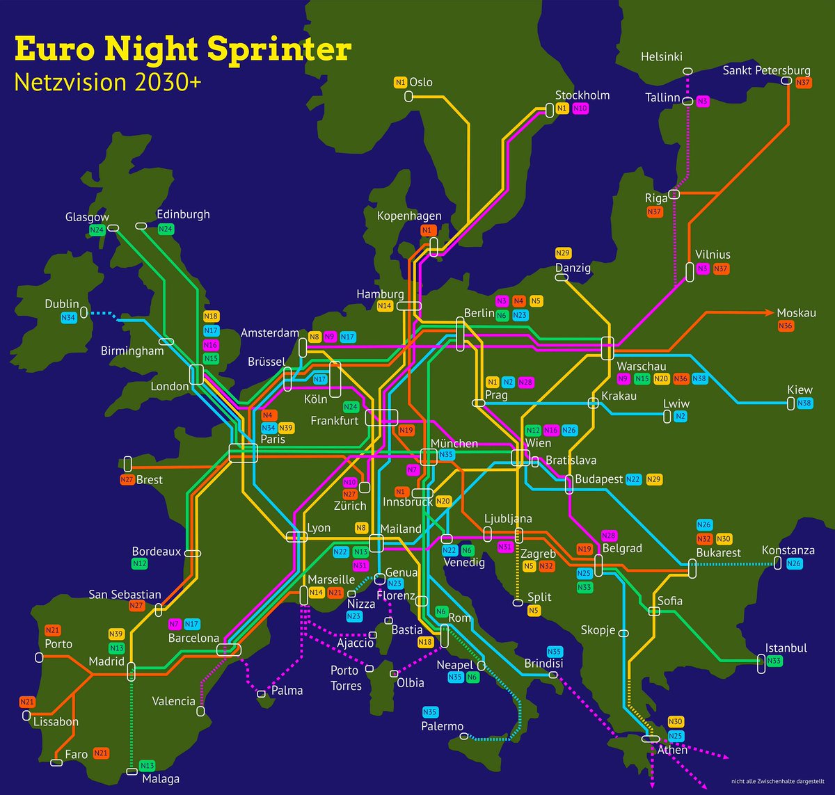 🇩🇪🚆 Un grupo de candidatos de Los Verdes propone crear una red de trenes nocturnos que conecte 200 ciudades europeas mediante 40 lineas.

La idea: que moverse en tren por Europa sea tan fácil como volar.

¿Os imagináis? 😍

(Podéis leer más (en 🇬🇧) aquí: bahnstrategie.matthias-gastel.de/nachtzug.php)