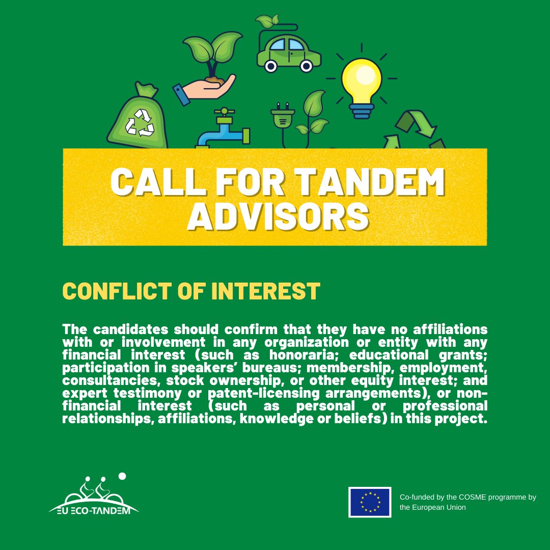 You still have time to apply for the Tandem Advisor Tourism Board. Before submitting your application check the eligibility criteria section to find out if you are in a position of conflict of interest eu-ecotandem.eu/call-for-advis… 
#cosme_eu #sustainable #sustainabiliy #tourism