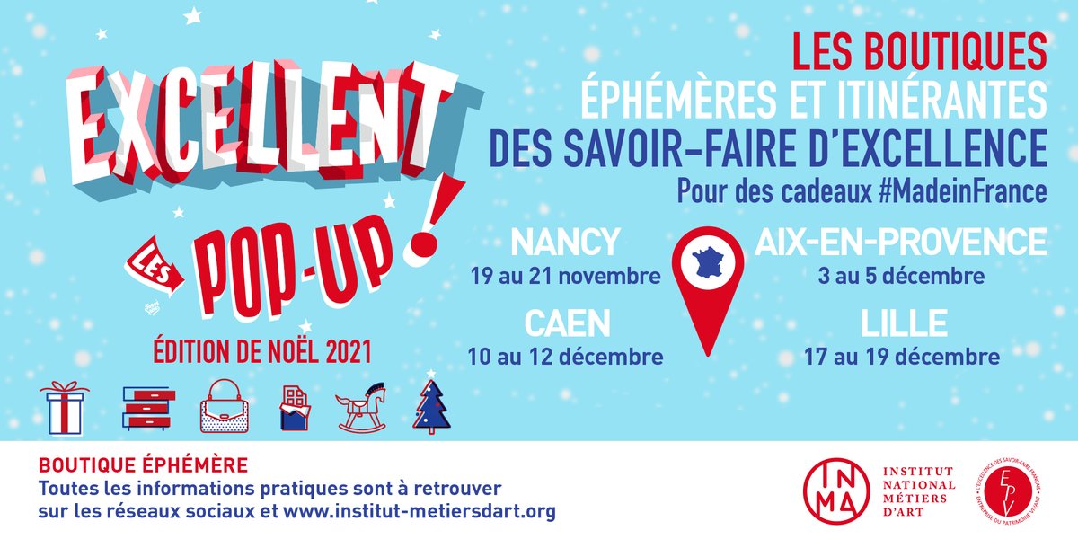 (APPEL À CANDIDATURES) 
[Les Pop-Up 2021 Édition de Noël]


Chères Entreprises du Patrimoine Vivant, 
Chers professionnels des métiers d'art, 

<a href="/metiersdart/">Institut pour les Savoir-Faire Français</a> et le Label EPV vous proposent de participer à la nouvelle édition de Noël de EXCELLENT ! Les Pop'Up !