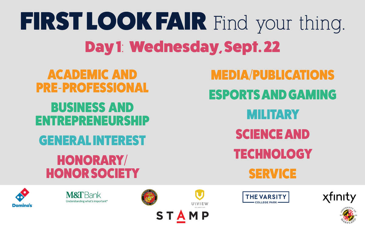 MarylandSORC's tweet photo. SAVE THE DATE FOR SEPT. 22
Make sure to come see all of the orgs out on McKeldin Mall and virtually tabling on DAY 1 of #FirstLookFair next week! #gaming #media #STEM #Military #UMD #Terps https://t.co/qCBT6aVFEE