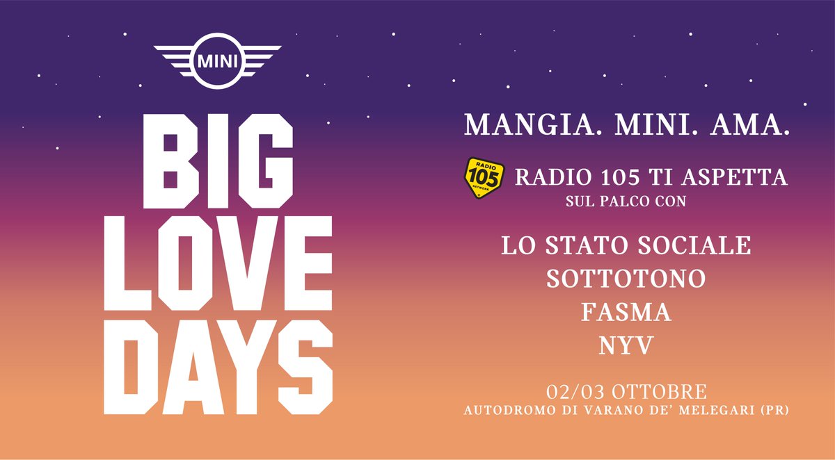 Stanno arrivando i MINI BIG LOVE DAYS, un’esperienza senza precedenti dove le parole d’ordine saranno Mangia. MINI. Ama. Una due giorni dedicata al mondo MINI, lifestyle, intrattenimento e al buon cibo. Vi aspettiamo il 2 e 3 ottobre. 
Pe registrarsi qui bit.ly/MINIBigLoveDays