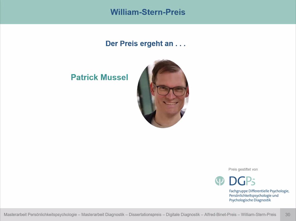 DGPs_DPPD's tweet photo. Der #dppd2021 William-Stern-Preis ( = innovative Arbeiten auf dem Gebiet der Persönlichkeitspsychologie) geht an Patrick Mussel. Herzlichen Glückwunsch! https://t.co/7d83dq7Fcr