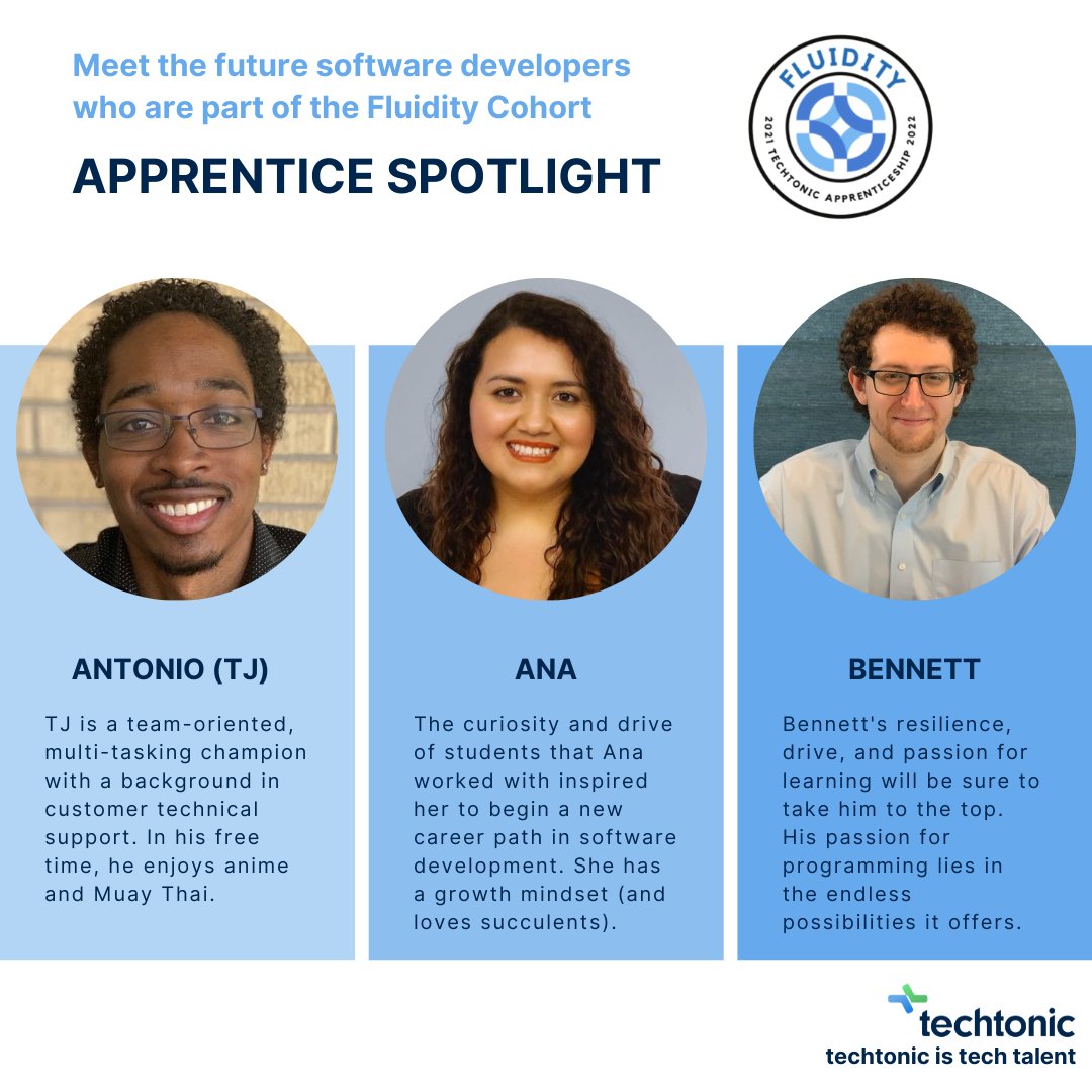 Techtonic (@techtonicgroup) on Twitter photo Get to know three of the future software developers taking part in the Fluidity Cohort. #TechTalent #SoftwareDevelopment Get to know three of the future software developers taking part in the Fluidity Cohort. #TechTalent #SoftwareDevelopment