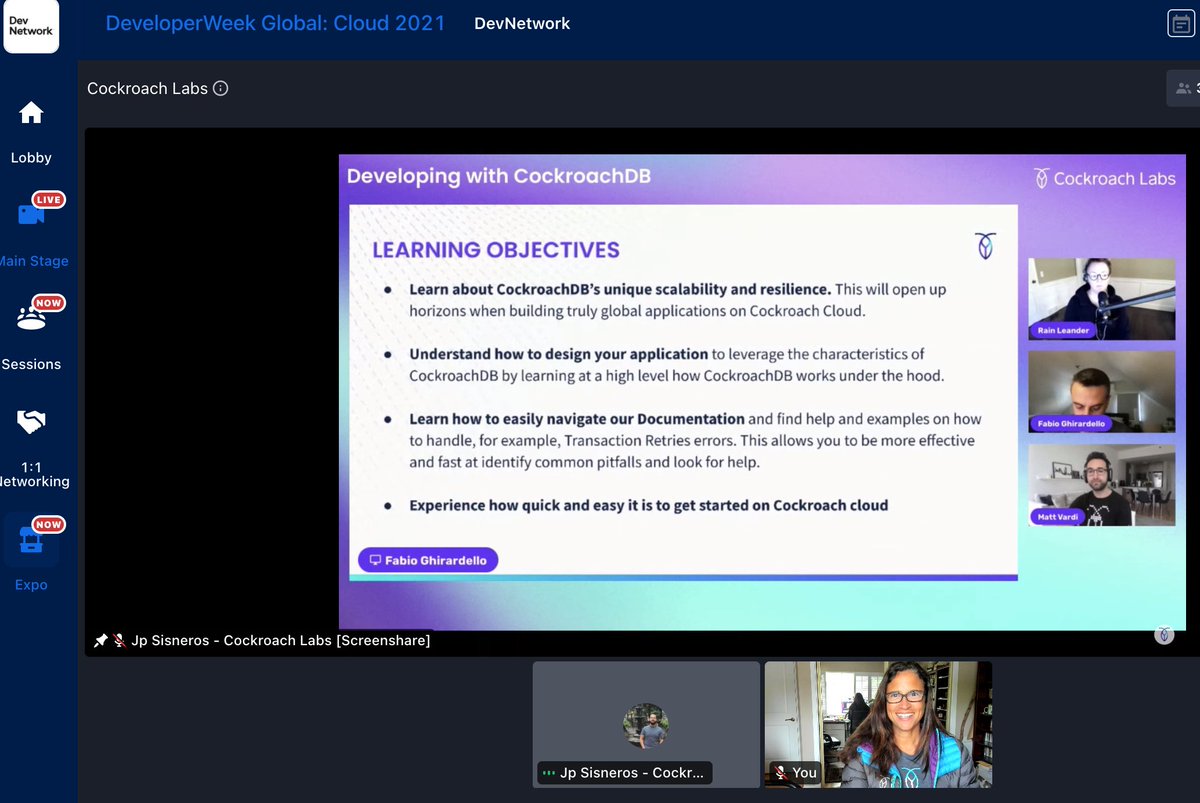 SWDevAngel's tweet photo. This is so cool! Streaming our new @cockroachdb "office hours" livestream at our booth @DeveloperWeek with @rainleander! Technology WIN! #DeveloperWeekGlobal https://t.co/wOukBwXrRc