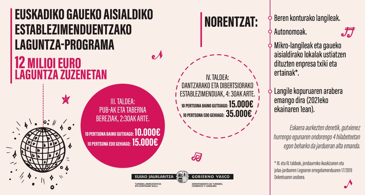 DptoTurComCon's tweet photo. 📢#Euskadi-ko gaueko aisialdiko establezimenduentzako laguntza-programaren deialdia argitaratu da #EHAA-n
🗓 Epea: Irailaren 16tik urriaren 6ra
ℹ️➡️https://t.co/ta31S4UV4f
🔎 Zenbatekoak eta hartzaileak👇 https://t.co/ar6ucN6X2J