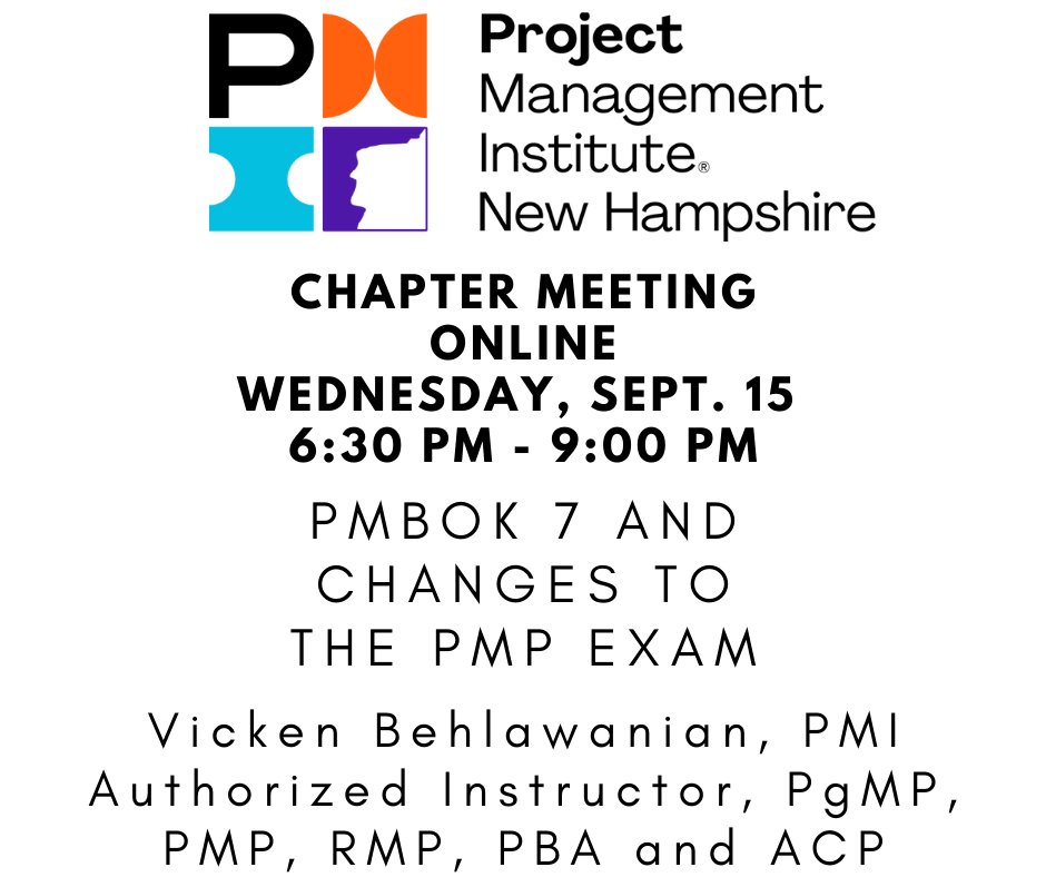 PMI-NH Chapter Meeting tonight on Zoom. Great information for all Project Managers. Register at pmi-nh.org/component/even…