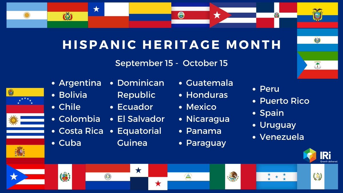 iriworldwide's tweet photo. Today kicks off #HispanicHeritageMonth! (HHM) Join us in celebrating the culture, history and people from 21 different countries. We will highlight Hispanic staff members at IRI and CPG leaders this month.

Learn more about HHM here: https://t.co/LeUA7V2KXF #IRIcelebratesHHM https://t.co/u9YVXycet9
