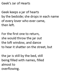 Matthew_NCC1701's tweet photo. #IWrite2Music (81) Geek's Jar of Hearts
#microstory #poem #music
Jar of Hearts by @christinaperri
https://t.co/Fb5VMn0mPD
#amwriting #WritingCommunity #prompt #poetrycommunity https://t.co/uq75d6p2Vz