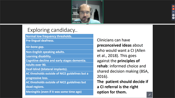BAAudiology's tweet photo. We're live with Nathan Barlow, an Early Professional Audiologist, who is talking to fellow EPs about Cochlear Implants and having the discussion with potential candidates. #BAAMemberWebinar #EarlyProfessionals #CochlearImplants @SairaHussain90 https://t.co/qImfYw9BPO