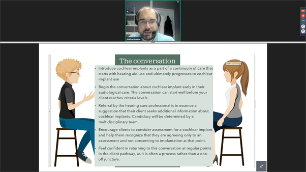 BAAudiology's tweet photo. We're live with Nathan Barlow, an Early Professional Audiologist, who is talking to fellow EPs about Cochlear Implants and having the discussion with potential candidates. #BAAMemberWebinar #EarlyProfessionals #CochlearImplants @SairaHussain90 https://t.co/qImfYw9BPO