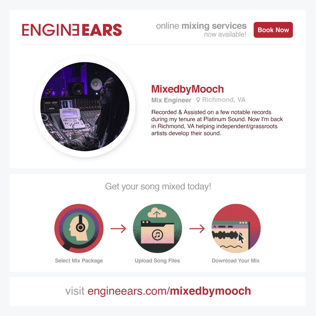 MixedByMooch's tweet photo. Ya boy is officially verified on @engineears! Tap in with me!
Still offering 50% off thru the rest of the month!
#EngineEars
#PlugPlayExperience
#MixedbyMooch
#MixingEngineer https://t.co/dAXHgfU1I1