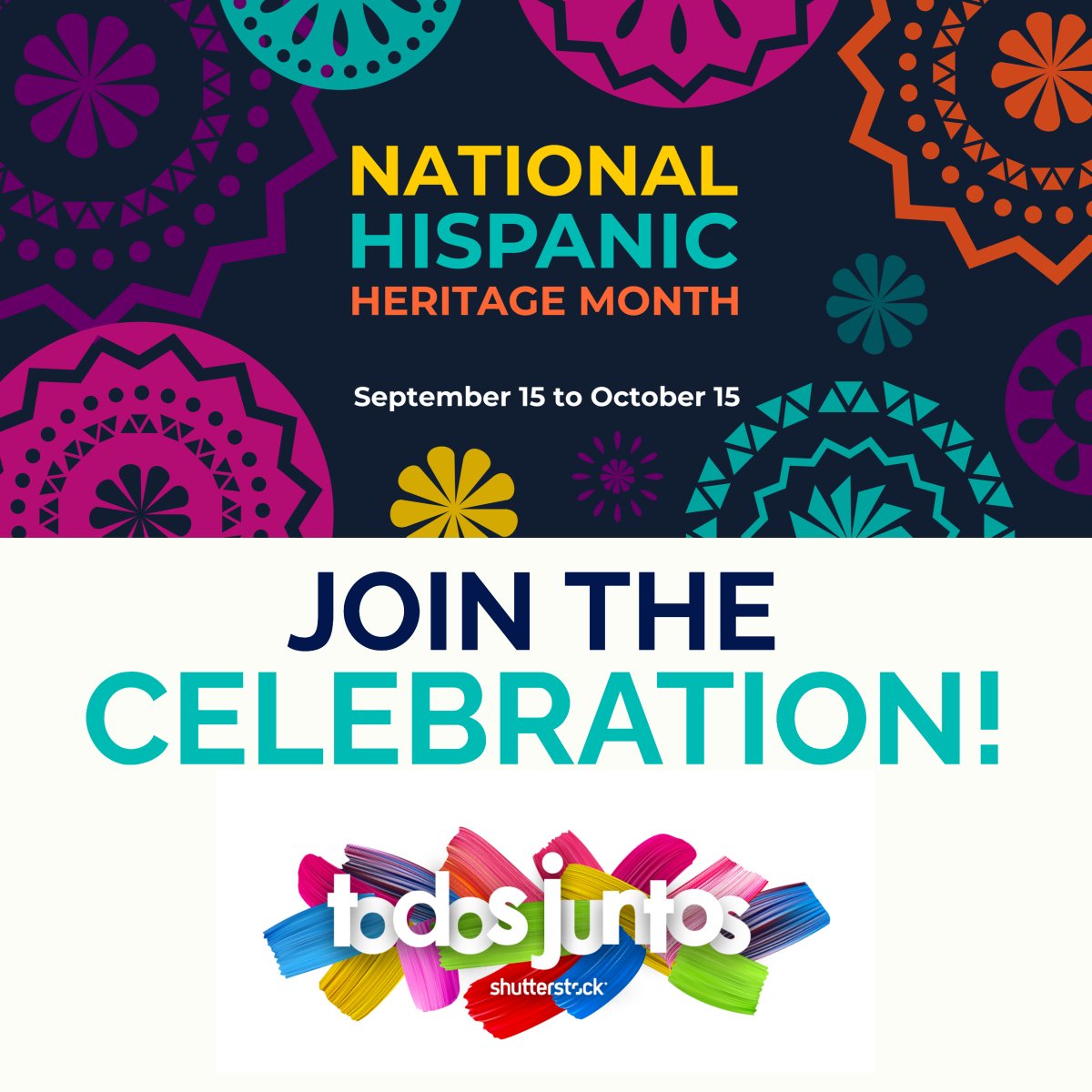 Shutterstock's tweet photo. #HispanicHeritageMonth begins today! Join us as we celebrate and honor the culture and traditions of Hispanic culture (today &amp; everyday). https://t.co/g2F08BBsLd
