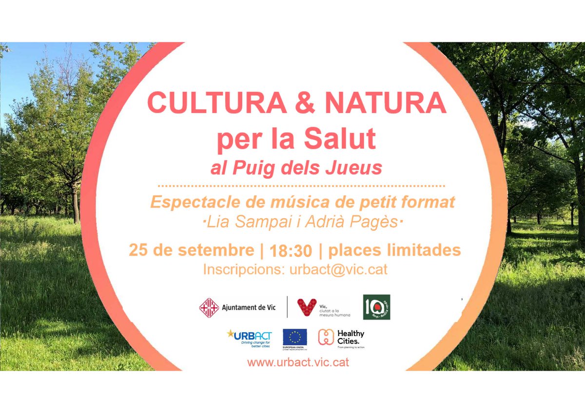🎼 Concert de Lia Sampai i Adrià Pagès
📆 Dissabte 25 de setembre 🕐 18.30h
📍 Parc dels Jueus

📣Vine a gaudir de la música i la natura en un mateix espai ❗

Espectacle inclòs en el projecte URBACT Healthy Cities.
👉urbact.vic.cat

Cultura & Natura = Salut

@LiaSampai