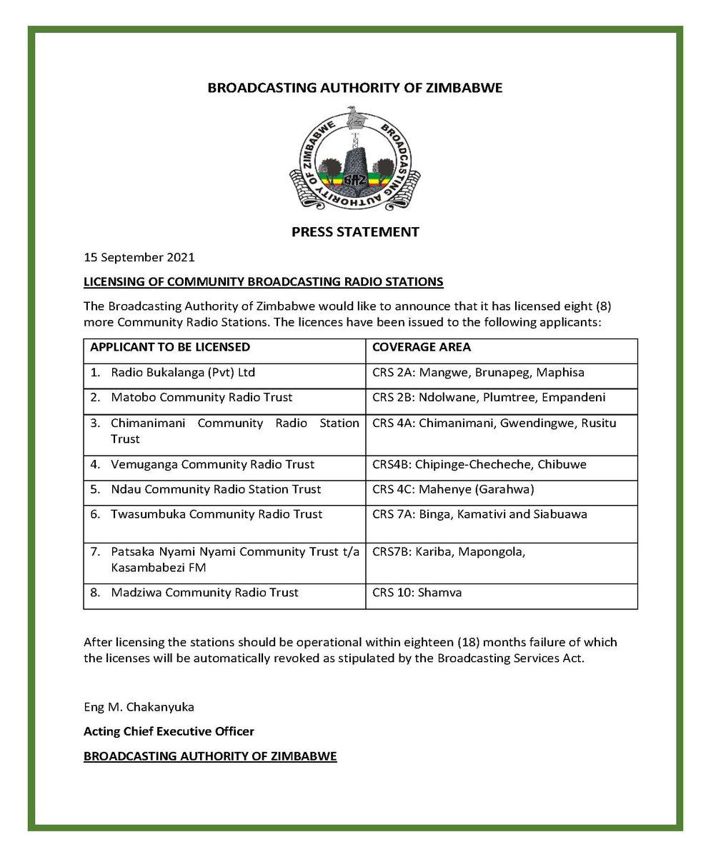 Broadcasting Authority of Zimbabwe (@baz_zw) on Twitter photo The BAZ licences more Community Radio Stations. <a href="/nickmangwana/">Nick Mangwana</a> <a href="/InfoMinZW/">Ministry of Information, Publicity & Broadcasting</a> <a href="/ZBCNewsonline/">ZBC News Online</a> <a href="/rasquibos/">zvi...#</a> <a href="/matthiastc1/">matthiastc</a> <a href="/HeraldZimbabwe/">The Herald Zimbabwe</a> <a href="/Makubaza2/">Don Makubaza</a> The BAZ licences more Community Radio Stations. <a href="/nickmangwana/">Nick Mangwana</a> <a href="/InfoMinZW/">Ministry of Information, Publicity & Broadcasting</a> <a href="/ZBCNewsonline/">ZBC News Online</a> <a href="/rasquibos/">zvi...#</a> <a href="/matthiastc1/">matthiastc</a> <a href="/HeraldZimbabwe/">The Herald Zimbabwe</a> <a href="/Makubaza2/">Don Makubaza</a>