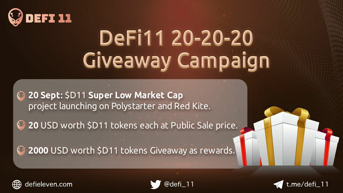 🤑 #DeFi11 20-20-20 Community Giveaway Campaign

✅ 20 Sept: $D11 launching on <a href="/0xPolystarter/">Polystarter</a>, #RedKite <a href="/PolkaFoundry/">Polka Foundry</a>

✅ 2000 USD worth $D11 tokens as rewards

✅ 20 USD worth $D11 tokens each at Public Sale price

📌To participate, follow steps on #Gleam gleam.io/oWQTY/defi11-2…