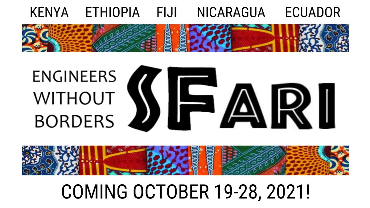 Get ready for our annual fundraiser. Project teams are organizing events you will not want to miss! Stayed tuned for updates on our webpage!
ewb-sfp.org/sfari
#ewbsfp #ewb #fundraiser #SFari #communities #virtual #kenya #ethiopia #fiji #nicaragua #ecuador
