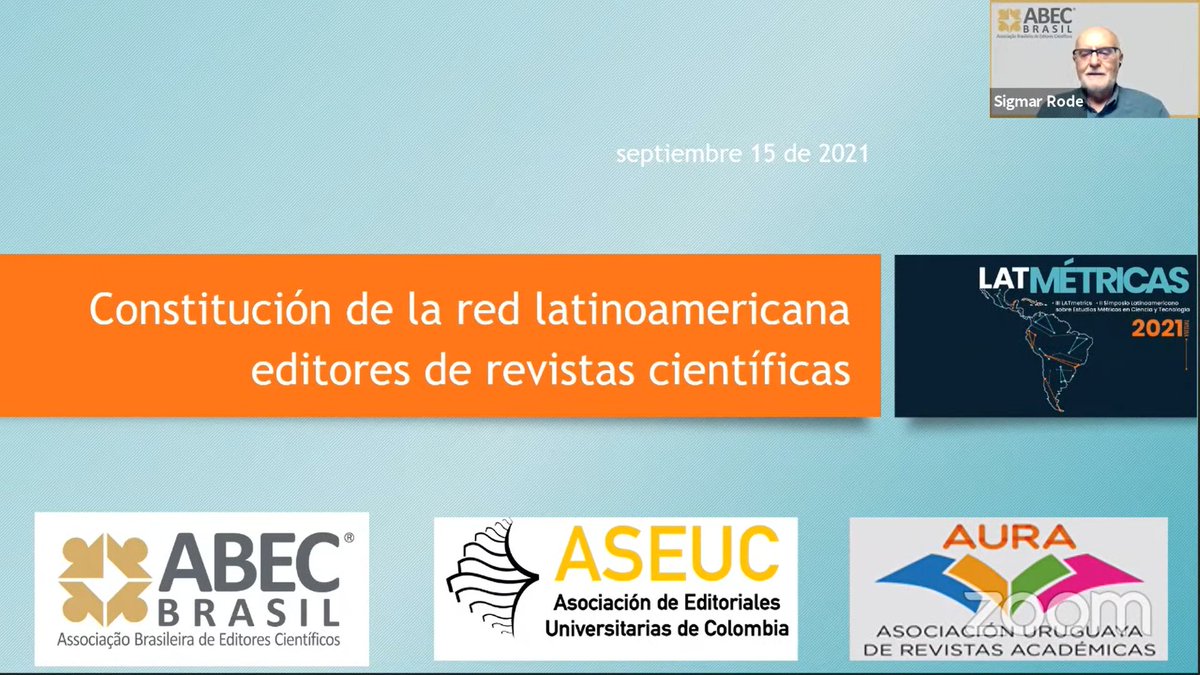 santillan's tweet photo. EN VIVO: Constitución de la Red Latinoamericana de Editores de Revistas Científicas por Sigmar De Mello Rode de @ABECBrasil en el marco del LatMétricas #Latmetricas2021 vía https://t.co/WC8kW0JApE. Más información: editorespanam@gmail.com https://t.co/005xGnrACx