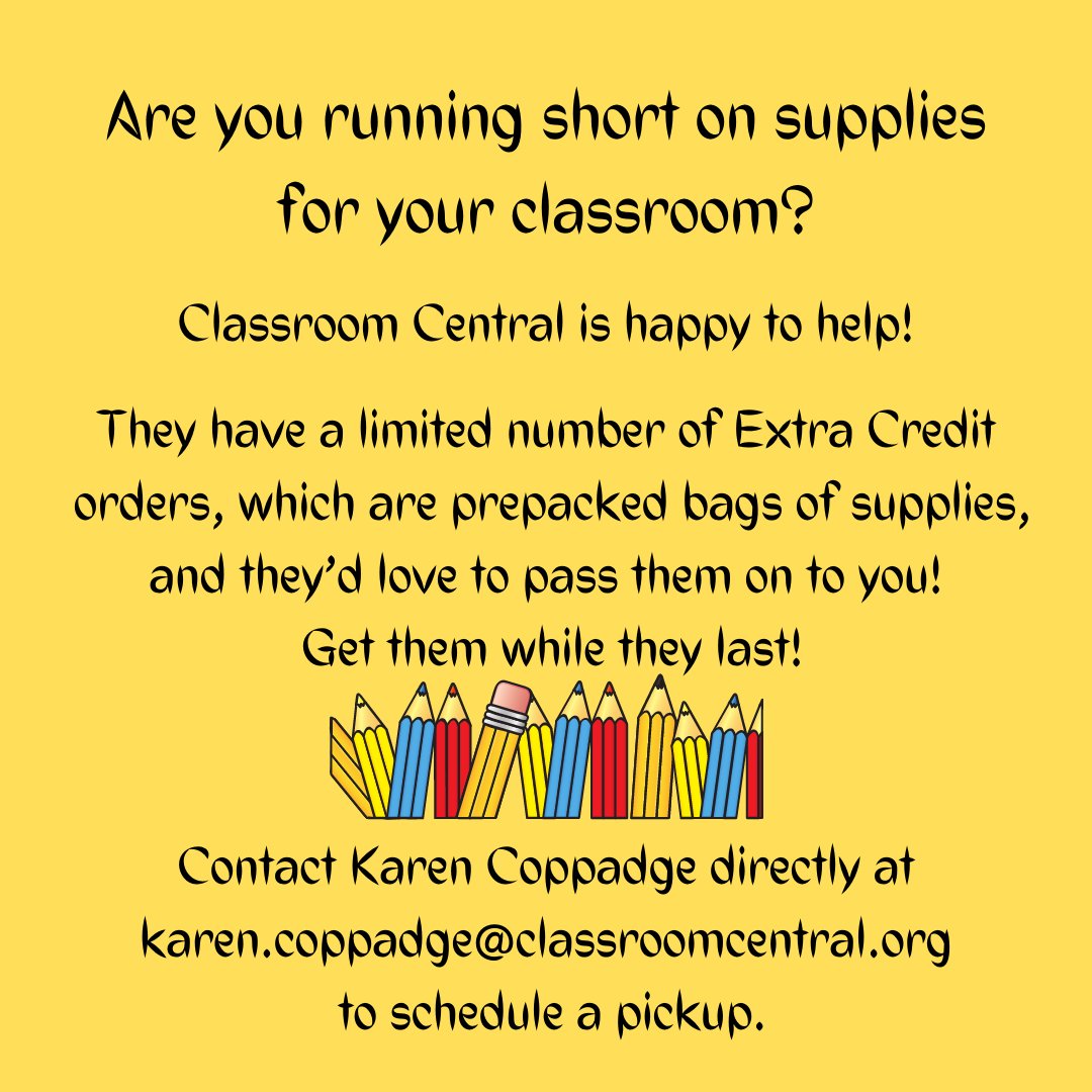 CMSBTSuccess's tweet image. ✏️Attention Teachers: Do you need some school supplies?

✏️Our partners at @classrmcentral are the super heroes you need. There are a limited number of supplies so get them while you can!

📧Email Karen Coppage at karen.coppage@classroomcentral.org

#cmsbtds