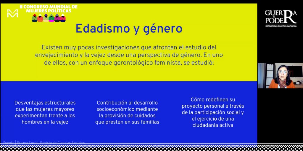 cmmujeres's tweet photo. "En política, el edadismo puede recaer en discriminación, y se profundiza más en mujeres. Desde una perspectiva de género, las mujeres mayores tienen desventajas estructurales". Milagros Bellido 🇵🇪
#IICMMP #guerraypoder #edadismo #genero https://t.co/xcW0XXXBtQ