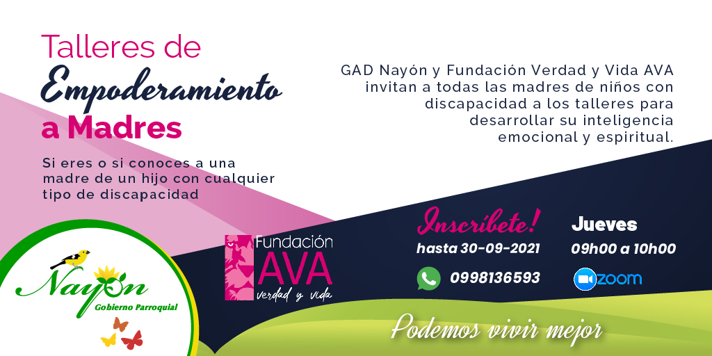 GAD #Nayón y Fundación Verdad y Vida AVA invitan a todas las madres de niños con discapacidad a los talleres para desarrollar su inteligencia emocional.

Si eres o si conoces a una madre de un hijo con cualquier tipo de discapacidad

Inscríbete Aquí bit.ly/tallerAVA