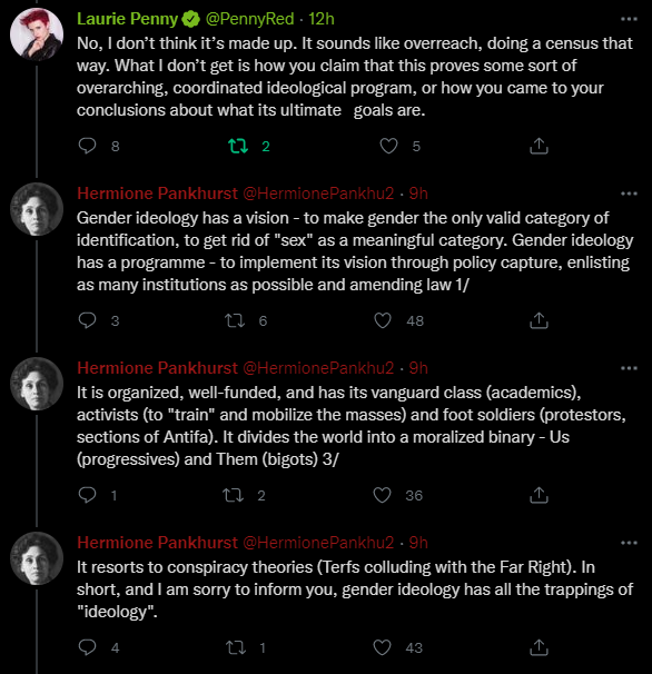 TERFConspiracy's tweet photo. In response to Laurie Penny asking how GCs come to their conclusions, Hermione posted... More conclusions, to put it kindly. https://t.co/fUXst7AkZk