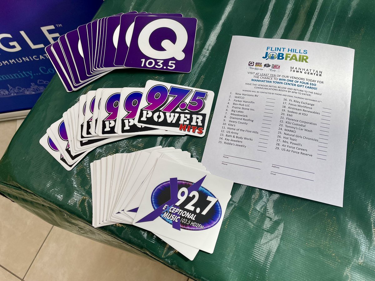The Flint Hills Job Fair is on until 6 p.m.  Stop by the Eagle Radio booth at Center Court to pick up a passport.  Visit at least 10 booths and get entered to win some prizes!