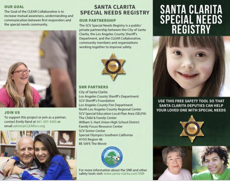 SCVSHERIFF's tweet image. (1/2)Did you know….the City of @santaclarita , in partnership with the SCV Sheriff’s Station, offers a secure information database that helps Santa Clarita Deputies recognize and respond to individuals with special needs known as the Special Needs Registry (SNR).