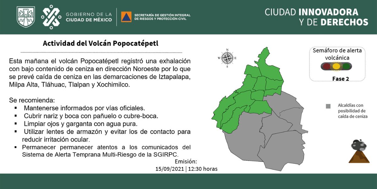SGIRPC_CDMX's tweet photo. Ante la reciente actividad del volcán Popocatépetl, se prevé caída de #ceniza en @Alc_Iztapalapa, @GobMilpaAlta, @Alc_Tlahuac, @TlalpanAl y @XochimilcoAl.

Toma tus precauciones y mantente informado.#LaPrevenciónEsNuestraFuerza https://t.co/0JWyttoh1G