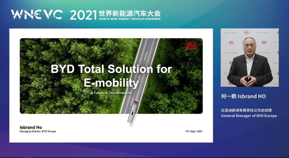 BYD_Europe's tweet photo. BYD had the honour to be at the World New Energy Vehicle Congress (#WNEVC), alongside distinguished speakers as Wan Gang, Vice Chairman of CPPCC; John Edwards, Her Majesty's UK Trade Commissioner for China; Simon Sharpe, Deputy Director for Policy Campaigns, @GOVUK @COP26 Unit https://t.co/qi9rZvMAVz