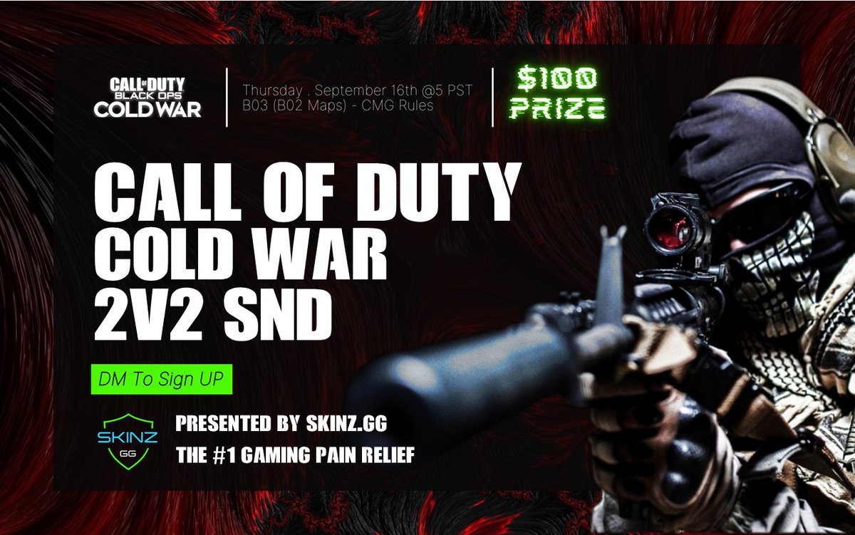 skinz_gg's tweet image. Tomorrow. Be There.

@bearclaw_esport 2v2 CW FE $100 

Thursday Sept 16, 8:00pm EST2v2 CW SnD (Bo2 Maps)

GA Rules

Video gameBo3 Single Elim

DM to Signup, for any questions DM 

@CoDJFire on Twitter

#COD #callofduty #CODTourney #Callofdutytournament