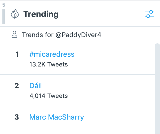 PaddyDiver4's tweet photo. There it is folks, number ONE trend in Ireland with what must be a record number of tweets in our storms

Thank you everyone for helping to spread the word

#MicaRedress https://t.co/cDMkPTYRgO