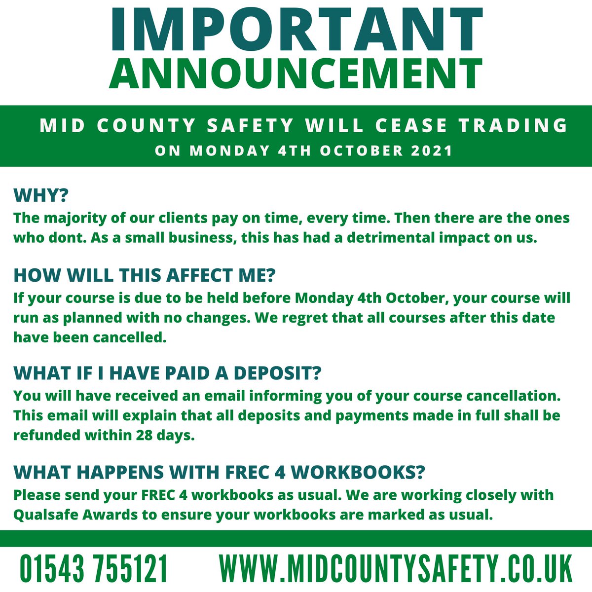 Dear all,

An announcement I fought extremely hard not to make. Sincere apologies for any inconvenience caused.

Mid County Safety will cease trading on Monday 4th October 2021.

Wishing you the very best for the future!

Will Bryan