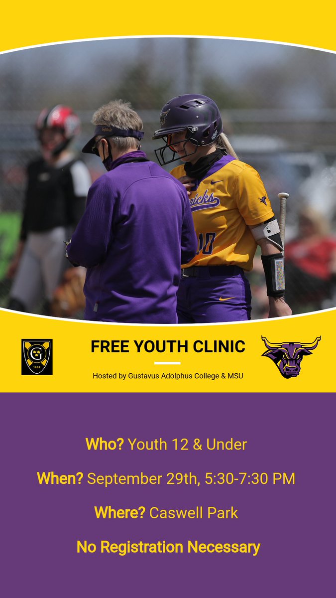 We are two weeks away from  co-hosting a FREE youth clinic  with Gustavus Adolphus College at Caswell Park. No prior registration required. We can't wait to work with you!