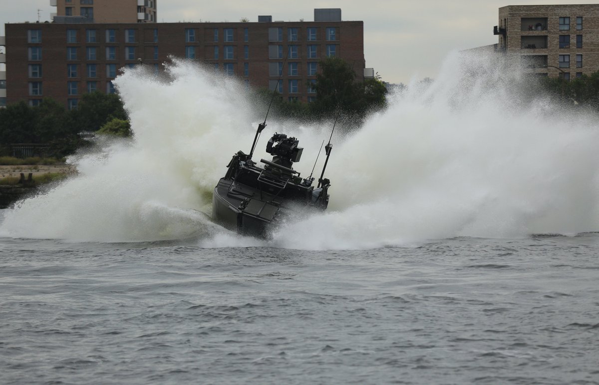FatherFantaskis's tweet photo. At #DSEI2021 this morning, @Saab demonstrated its #CombatBoat #CB90 in the Royal Docks (with HMS Biter as the safety vessel). Here it is turning and stopping, on a sixpence. https://t.co/59piKVntIt