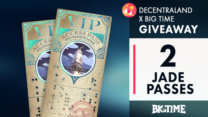 Multiplayer RPG, <a href="/playbigtime/">Big Time</a> is hosting its Early Access Pass sale on Opensea + Polygon, Sept 16th at 8pm EST. $MANA is accepted and to celebrate, 2 Jade Passes will be given away to the community.
Rules:
Follow <a href="/playbigtime/">Big Time</a>
Follow @Decentraland
Retweet
Comment #BigTimeNFT