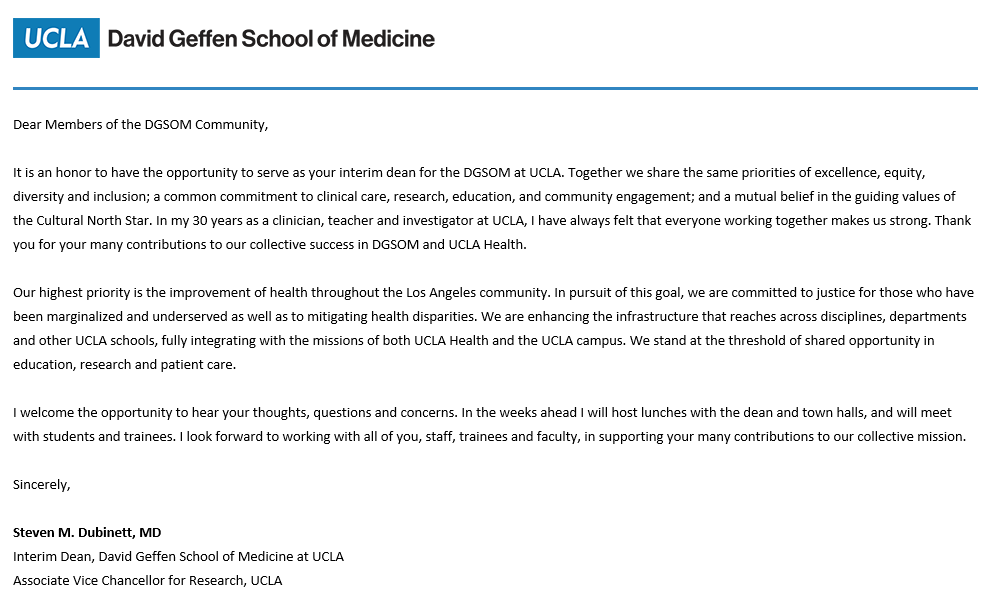 Thrilled to share that Steve Dubinett, who is a lung cancer specialist that has received the highest award from <a href="/VAResearch/">VA Research</a>, is now the Interim Dean of the School of Medicine at UCLA. #lcsm <a href="/dgsomucla/">David Geffen School of Medicine at UCLA</a> <a href="/UCLAJCCC/">.</a> <a href="/RachelRamoni/">Rachel Ramoni</a> research.va.gov/about/awards/a…