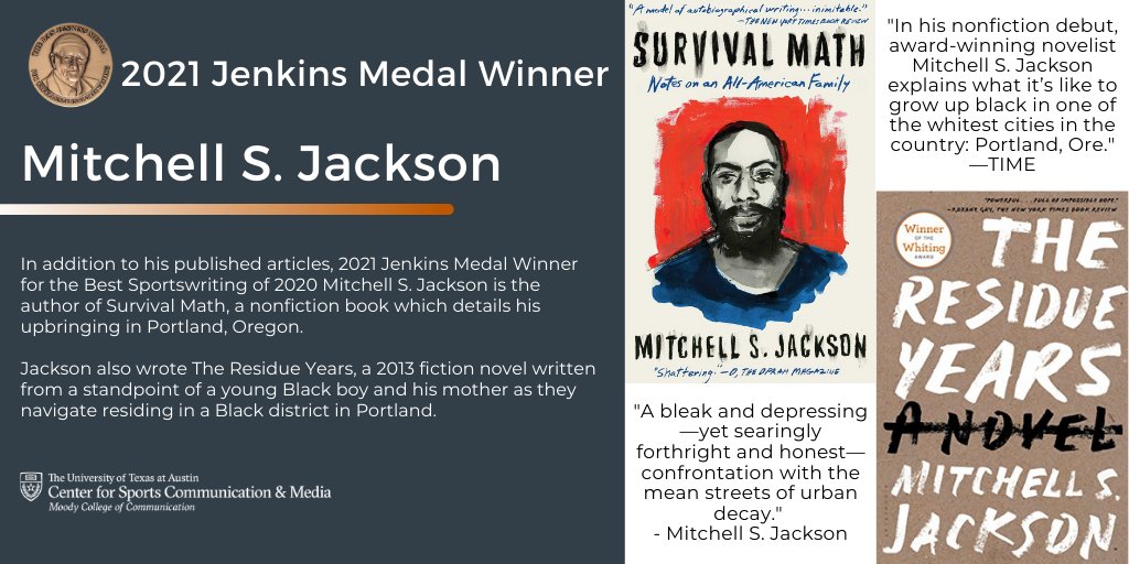 Along with @MitchSJackson's published articles, the 2021 Jenkins Medal Winner has authored two books. The Residue Years (2013) is a fictional portrayal of growing up in Portland, OR. Survival Math (2019) is a nonfiction account of Jackson's upbringing. mitchellsjackson.com/books-1