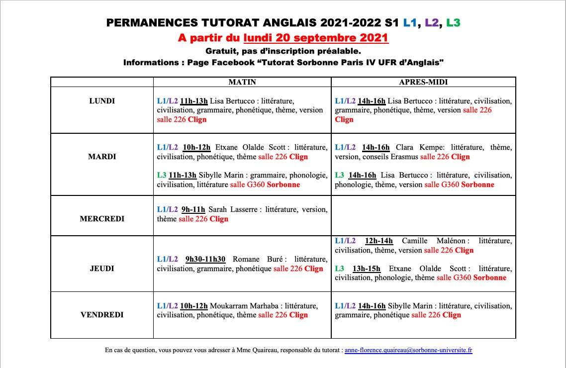 Nous avons la chance d'avoir une super équipe de tutrices et tuteurs à l'UFR ! 
Leurs séances - ouvertes à tou·te·s, gratuites et sans inscriptions préalables - démarrent le 20 septembre selon le planning joint.