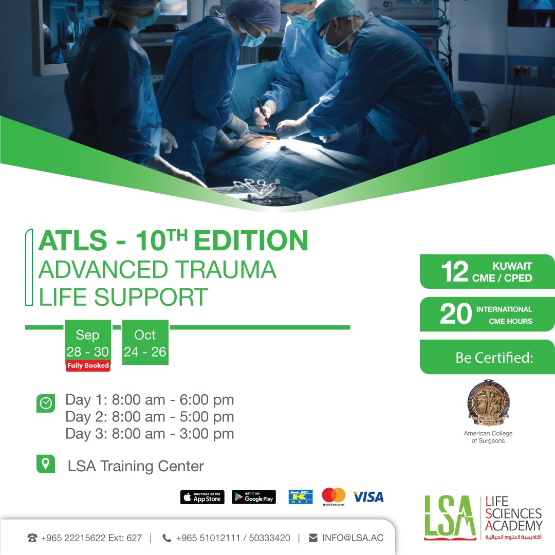 imshawqi's tweet photo. 🔴 Would you like to learn a systemic and concise training for the early care of trauma patients❓

💻 Take the opportunity to Register in Advanced Trauma Life Support (ATLS 10th Edition) through our website https://t.co/egDG189brZ

⏱ 12 Kuwait CME
⏱ 20 International CME https://t.co/7oKR15do3R