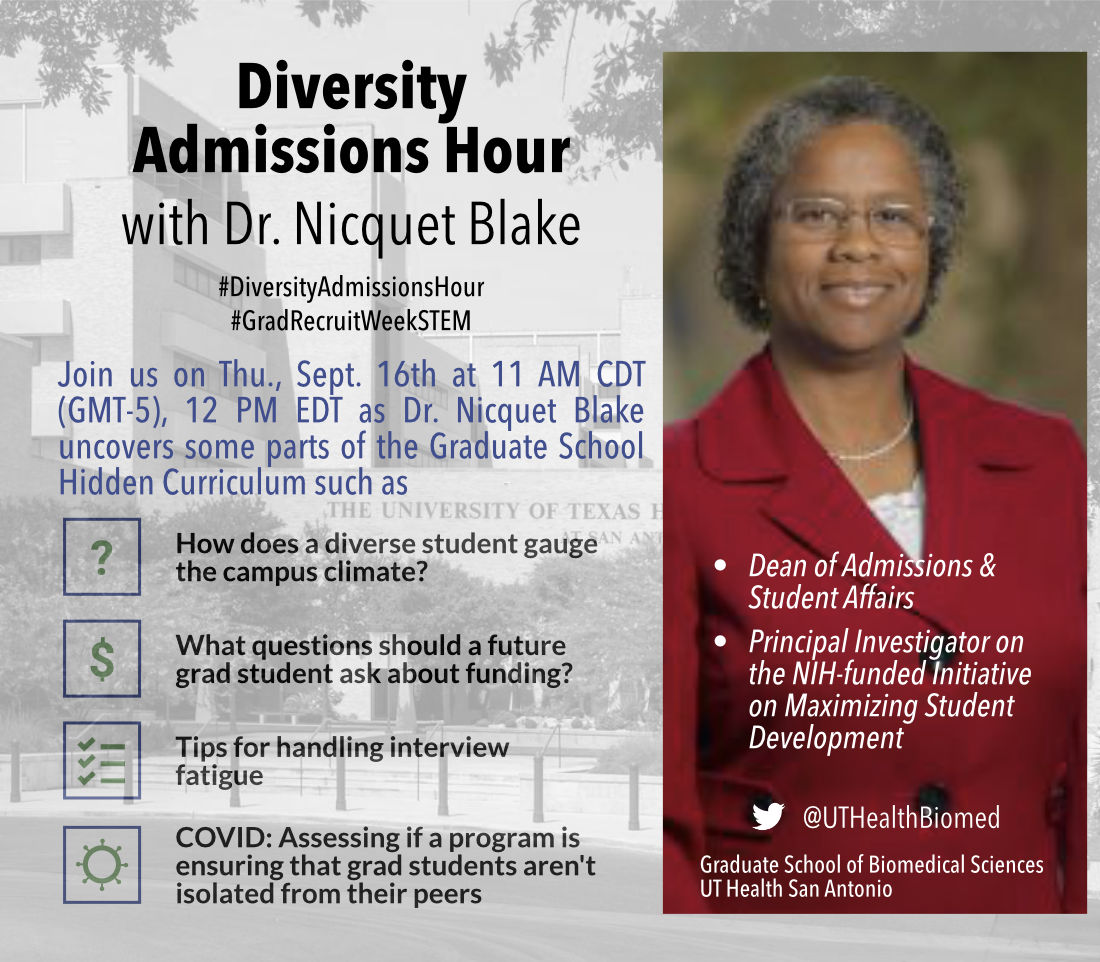 UTHealthSA_GSBS's tweet image. We will be partnering with @youinthelab for #GradRecruitWeekSTEM. Dr. Nicquet Blake will be answering your questions about the #GradSchool admissions process on Sept. 16th at 11 AM CDT (GMT-5) on our Twitter account @UTHealthBiomed! #sciencetwitter