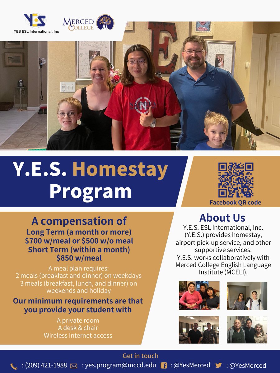 YesMerced's tweet image. All international students this fall have been placed. Since we have short programs next year, we are still looking for new families. Please feel free to share the flyer with your friends. #Mercedcollege #housinginmerced