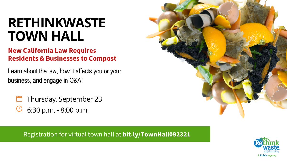 . <a href="/RethinkWaste/">RethinkWaste</a> is hosting a Town Hall about a new organics reduction law, SB 1383. Join on Thu 9/23. 6:30-8p &amp; learn about the law, changes to waste services &amp;  participate in a public Q&amp;A w/ <a href="/CalRecycle/">CalRecycle</a>, RethinkWaste &amp; <a href="/RecologySMC/">RecologySanMateoCo</a>. 

Register here: bit.ly/3hBEr7A