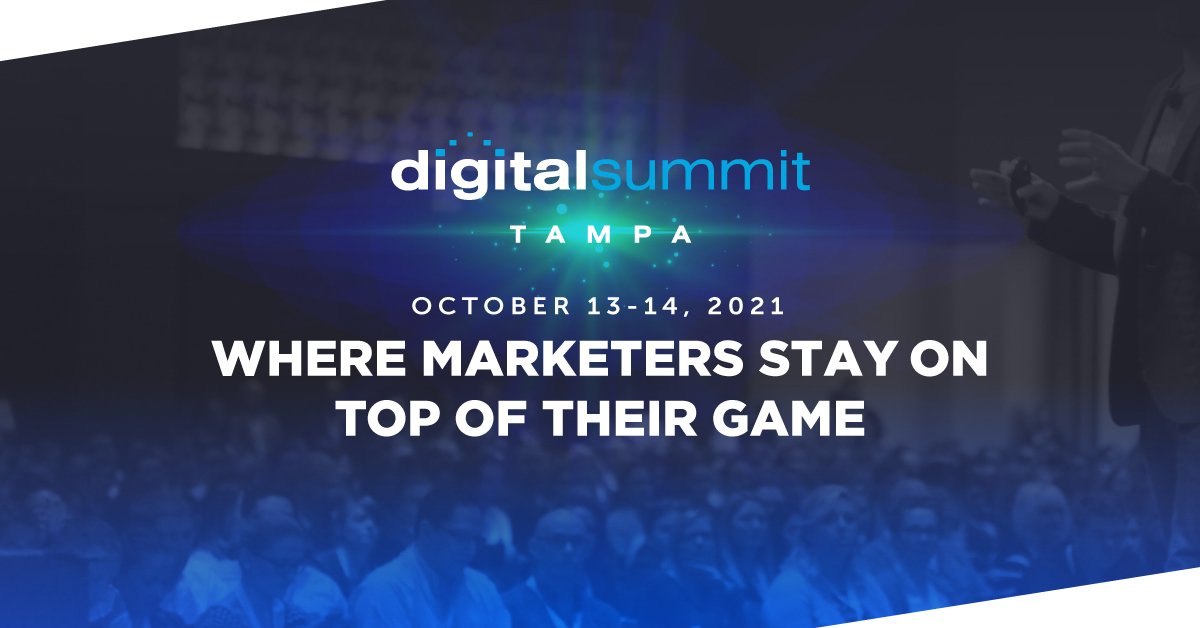 AMATampaBay's tweet photo. Join us October 13-14, 2021 for Digital Summit Tampa! 40+ essential sessions and Masterclasses with the latest marketing tactics from Google, NBC, Coca-Cola, Foot Locker, Facebook, SiriusXM, and so many more. Save 50% with AMATAM at https://t.co/yJByf6pts1 #DSTPA https://t.co/9BRQlhydny